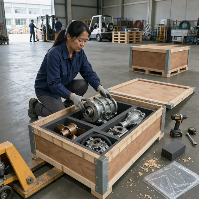 a worker in a warehouse carefully packing marine engine parts into a reinforced wooden crate with foam inserts