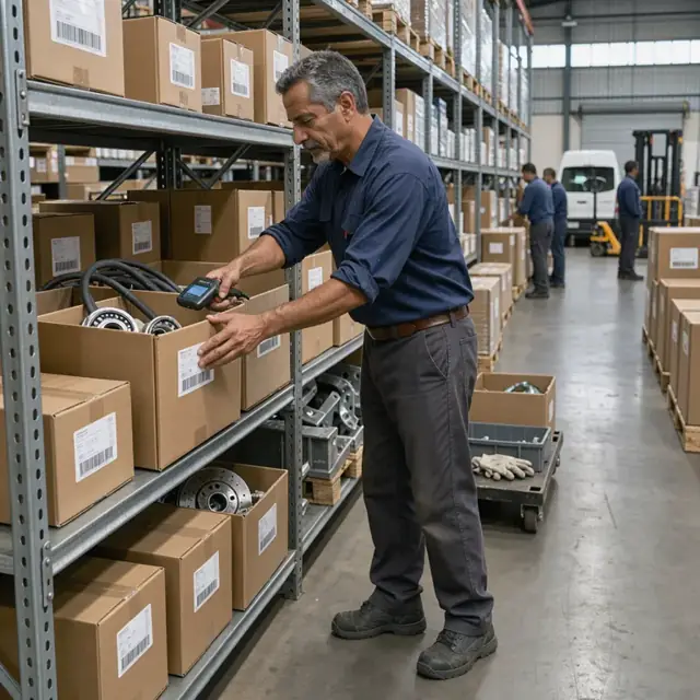 a worker using a handheld scanner to check part numbers on metal shelves filled with boxed transportation components
