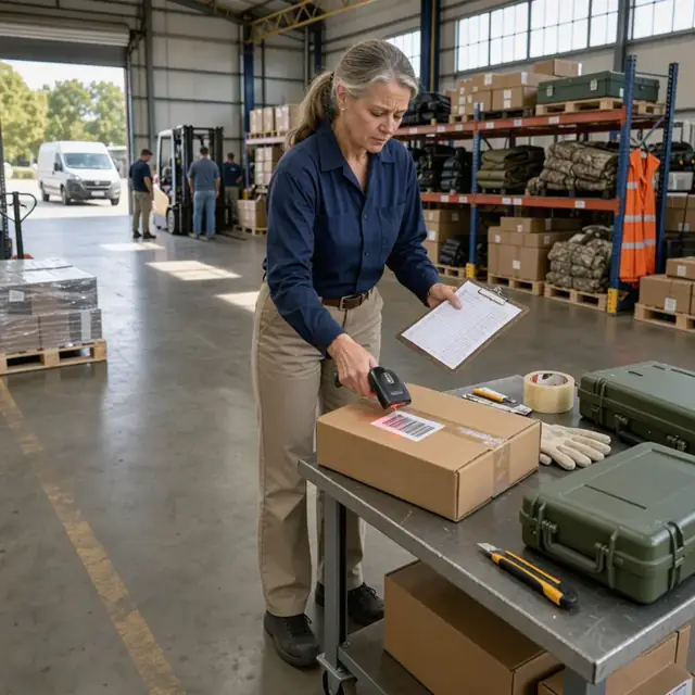 a worker scanning a barcode on a box of hunting equipment while referencing a compliance checklist on a clipboard in the warehouse