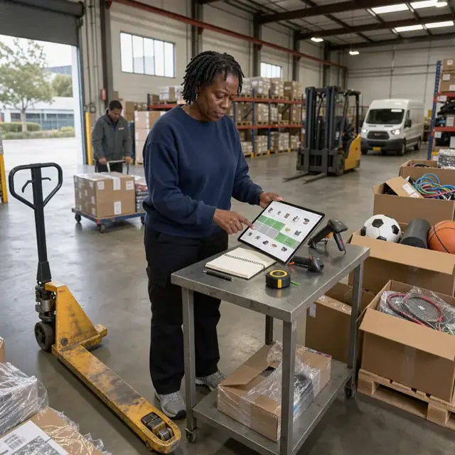 a worker at a standing desk in a warehouse reviewing a tablet showing a sales order next to stacked boxes of sports equipment