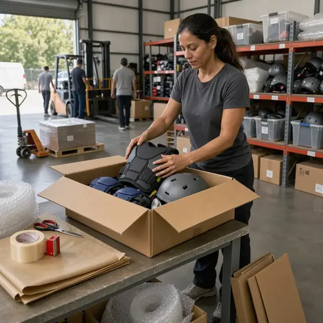 a worker packing protective sports gear into a cardboard shipping box on a packing table surrounded by bubble wrap and tape