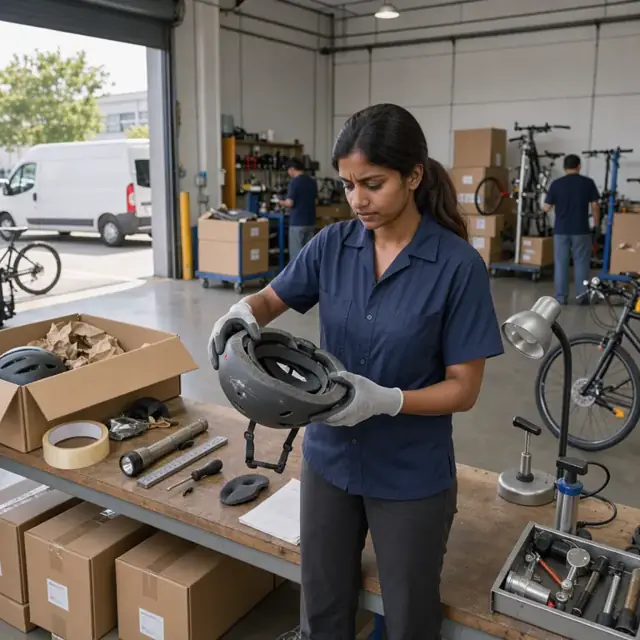 a worker inspecting a returned bicycle helmet under bright lighting at a workbench with shipping boxes nearby