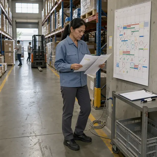 a worker standing in a warehouse aisle reviewing printed planning sheets and a wall calendar marked with seasonal deadlines