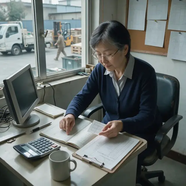 a worker at a desk in a yard office comparing scale tickets against an inventory ledger