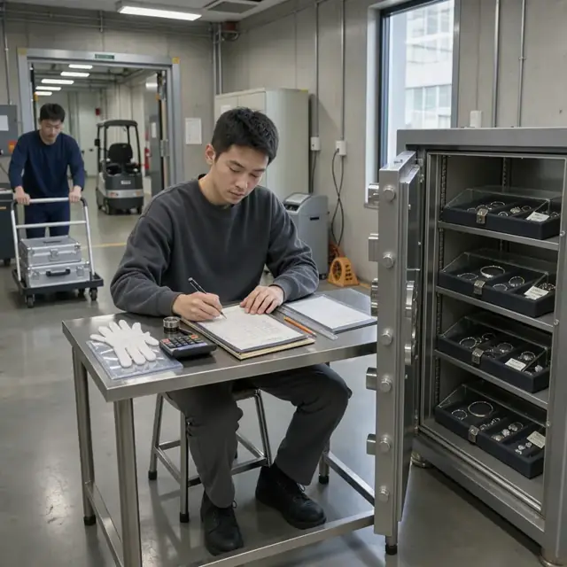 a worker updating certificates and appraisals next to an open safe containing locked jewelry trays in a vault room