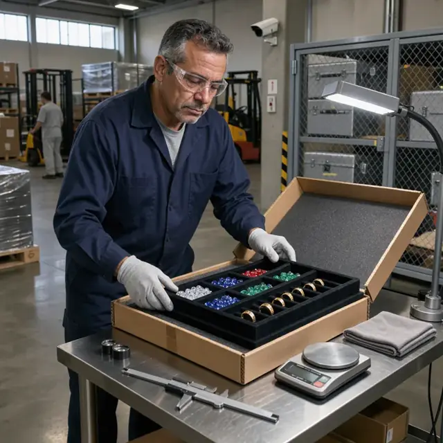 a worker carefully unpacking a padded shipment box containing velvet trays of loose gemstones and gold rings under bright inspection lighting in a secure warehouse