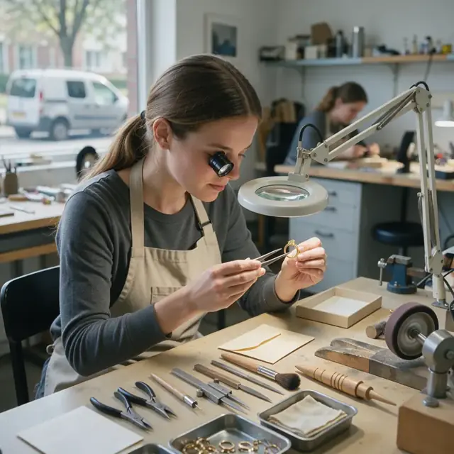 a worker using a jeweler loupe to inspect a returned gold ring under a magnifying lamp at a clean workbench with tools neatly arranged
