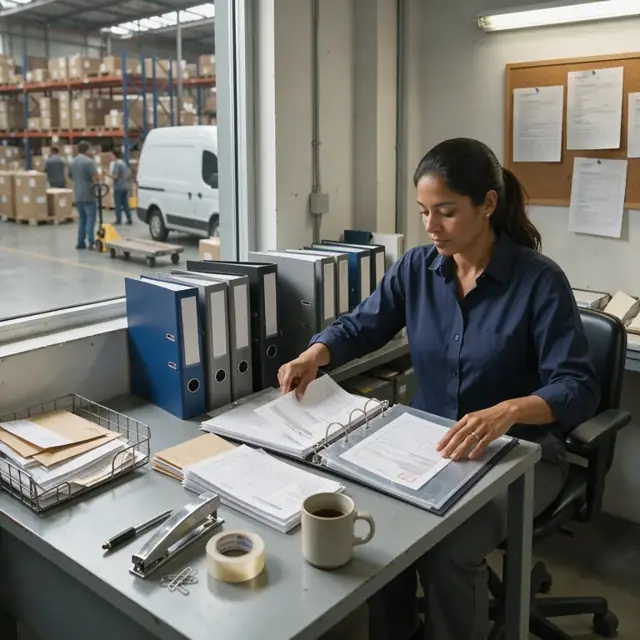 a worker organizing shipping documents and customs forms in binders at a desk inside a warehouse office