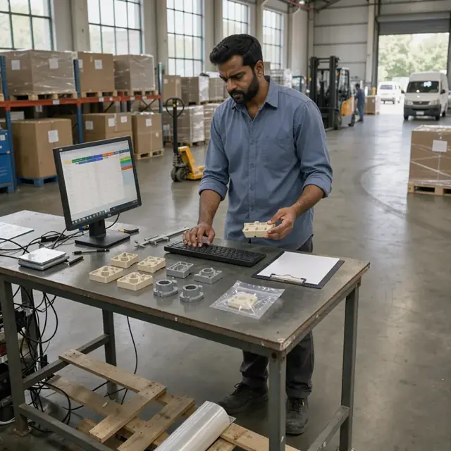 a worker standing at a warehouse workstation reviewing product samples and entering data into a computer