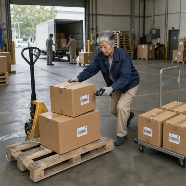 a worker unloading cardboard boxes from a pallet jack onto a warehouse receiving dock and scanning barcodes with a handheld device
