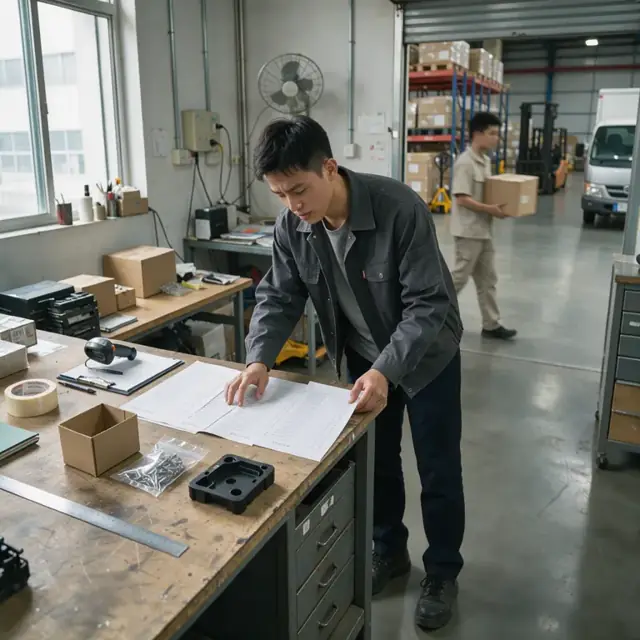 a worker reviewing printed inventory reports and product samples at a workbench inside a warehouse office