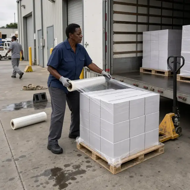 a worker wrapping a pallet of boxed printing paper with stretch film on a loading dock beside an open trailer