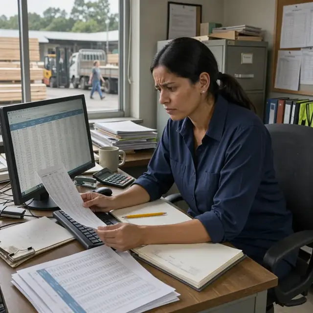 a worker at a desk comparing mill price lists against a spreadsheet of customer pricing tiers