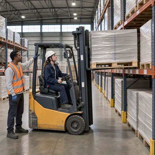 a forklift positioning a pallet of wrapped paper skids onto a tall industrial rack in a high-bay warehouse
