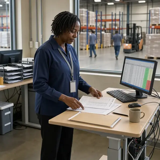 a worker at a standing desk reviewing printed purchase orders next to a computer screen showing item availability in a warehouse office