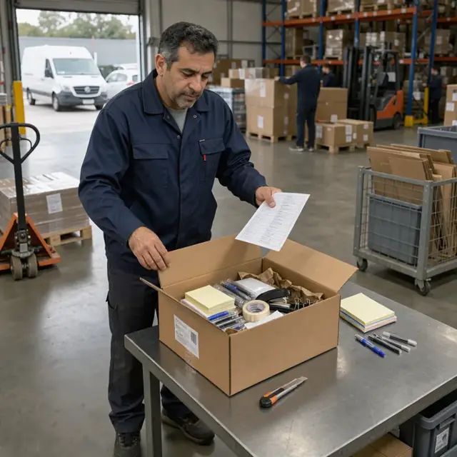 a worker in a warehouse receiving area opening a returned cardboard box of office supplies and checking contents against a return form