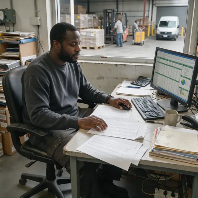 a worker at a desk comparing printed supplier price sheets with a spreadsheet of recent purchase volumes