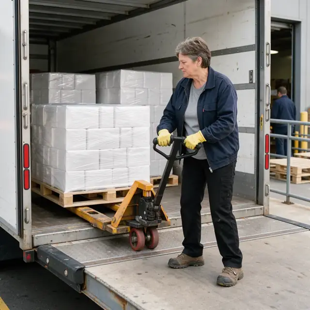 a worker arranging shrink-wrapped pallets of paper products on a box truck using a pallet jack at a loading dock