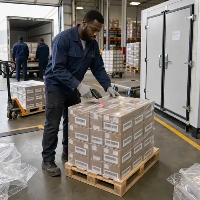a worker in a warehouse loading dock scanning barcodes on incoming pallets of boxed pharmaceuticals next to a refrigerated storage unit