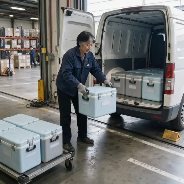 a worker loading sealed totes of pharmaceuticals into the back of a refrigerated delivery van at a warehouse dock