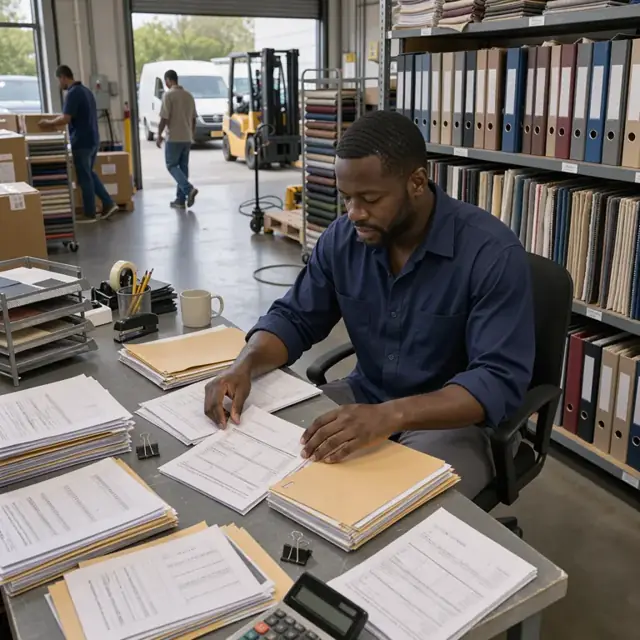 a worker organizing stacks of shipping documents and invoices at a desk beside shelves filled with fabric sample binders
