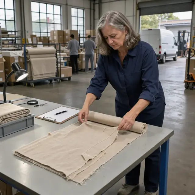 a worker at a well-lit inspection table carefully unrolling and examining a returned piece of fabric for defects next to a clipboard