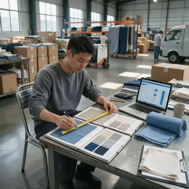 a worker at a warehouse desk reviewing open fabric swatch books and a measuring tape beside a laptop showing order details next to a bolt of blue cotton