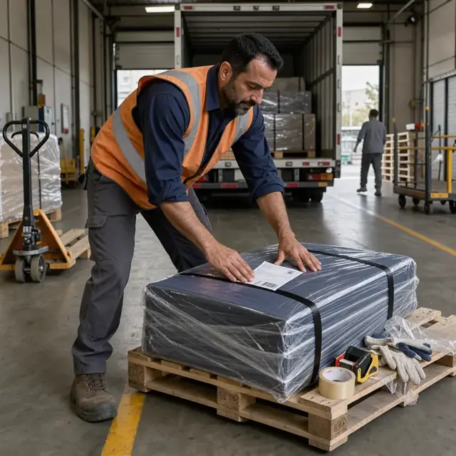 a worker attaching a shipping label to a securely wrapped bolt of fabric on a pallet ready for a freight truck in a loading dock