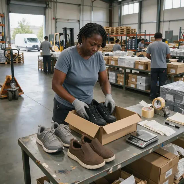 a worker packing pairs of shoes into a shipping carton on a packing table with rolls of tape and printed labels nearby in a warehouse