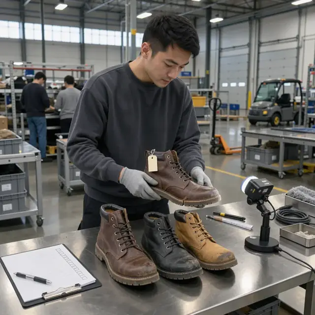 a worker inspecting returned boots on a metal table under bright lights with a defect checklist and camera in a returns processing area