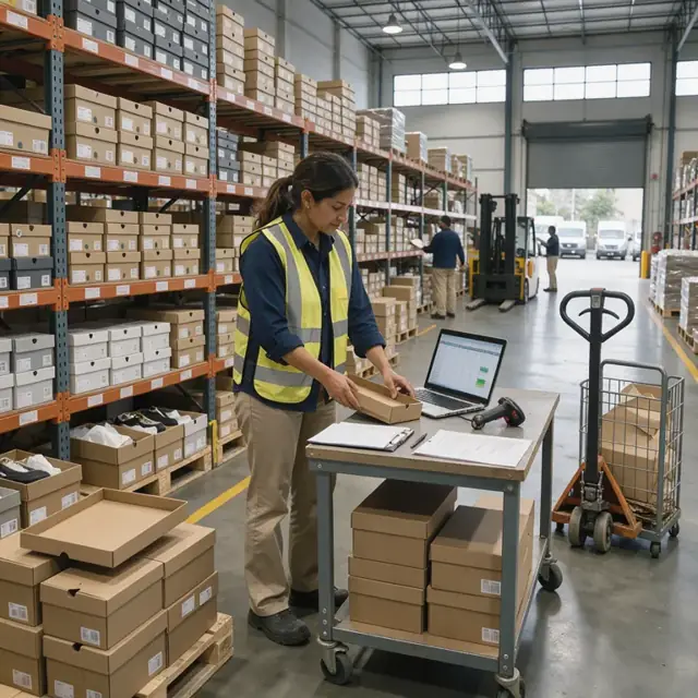 a worker reviewing stacks of shoe boxes on industrial shelving while updating seasonal inventory reports on a laptop in a distribution center