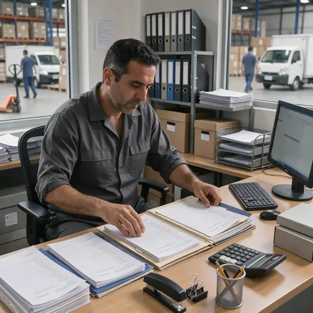 a worker filing stacks of vendor invoices and packing lists into organized folders at a desk with a computer monitor