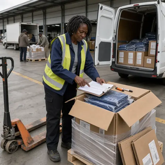 a worker standing at a loading dock checking cardboard cartons of clothing against a printed packing list on a clipboard