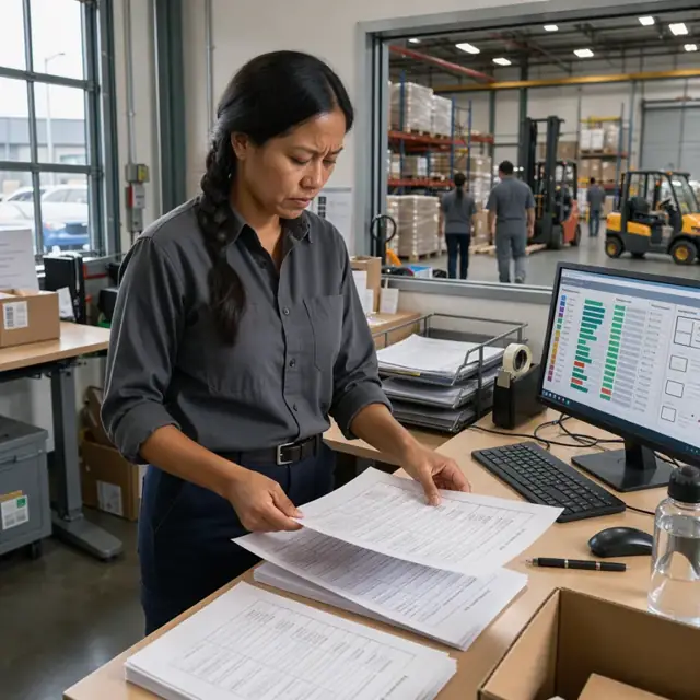 a worker at a standing desk reviewing printed customer orders next to a computer screen showing inventory levels inside a busy warehouse office