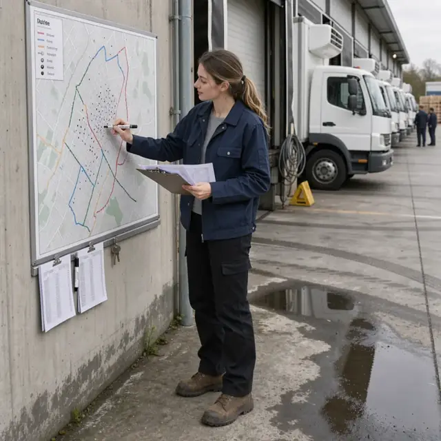 a worker reviewing a wall map with route sheets and marking delivery stops next to a row of refrigerated delivery trucks parked at a warehouse