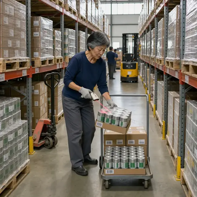 a worker scanning barcodes on cases of canned goods while pulling items from tall metal shelving in a large dry grocery warehouse aisle
