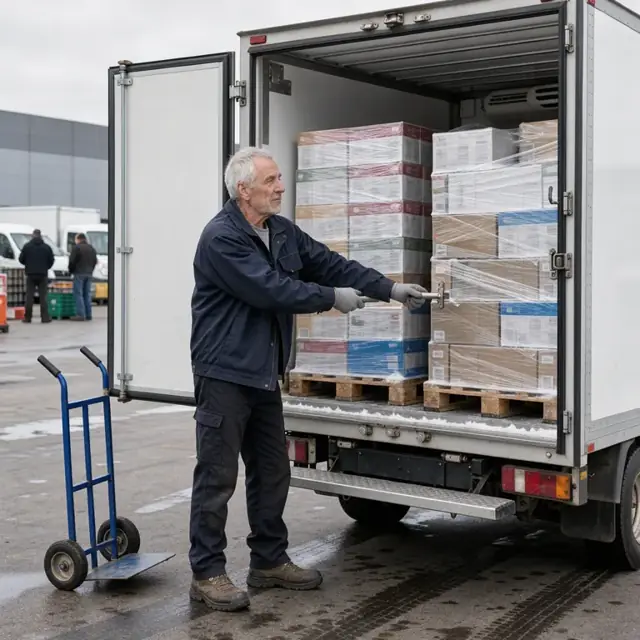 a driver closing the rear doors of a refrigerated truck loaded with shrink-wrapped pallets of mixed frozen food cases