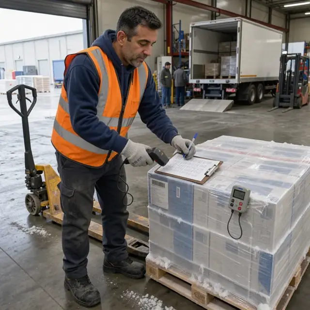 a worker wearing a safety vest scanning a barcode on a frozen pallet while updating a clipboard checklist next to a digital temperature recorder