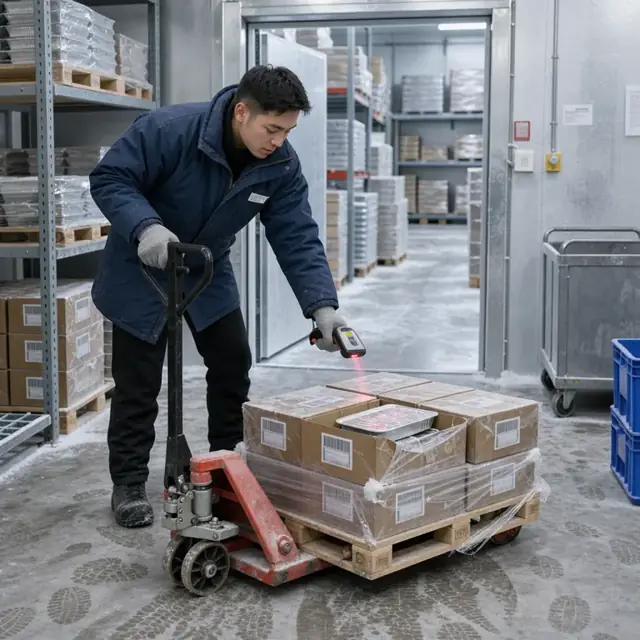 a worker in a freezer wearing heavy coat and gloves scanning barcodes on stacked cases of frozen lasagna while pushing a pallet jack
