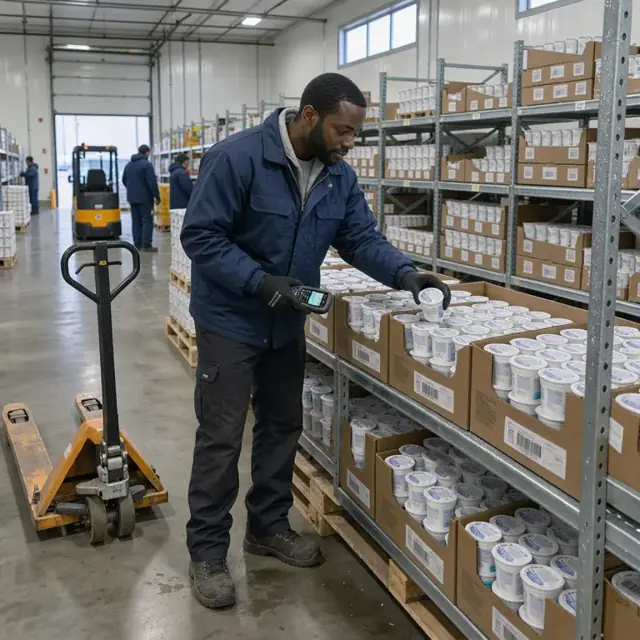 a worker in a cold warehouse examining code dates on yogurt cases stacked on shelves and noting them on a handheld device