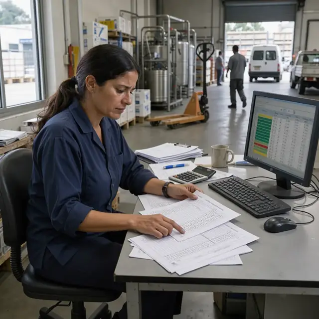 a worker at a desk reviewing printed dairy order forms beside a computer monitor displaying inventory levels