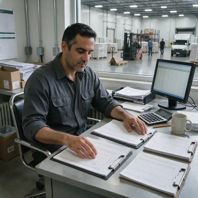 a worker reviewing supplier price lists and inventory reports at a desk beside a window overlooking a refrigerated warehouse