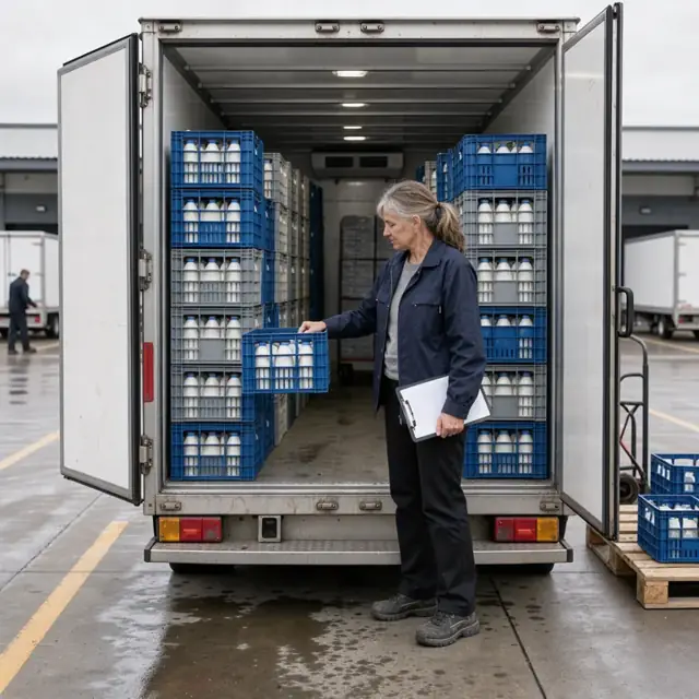 a worker checking a refrigerated truck loaded with stacked dairy crates before closing the rear doors at a distribution center