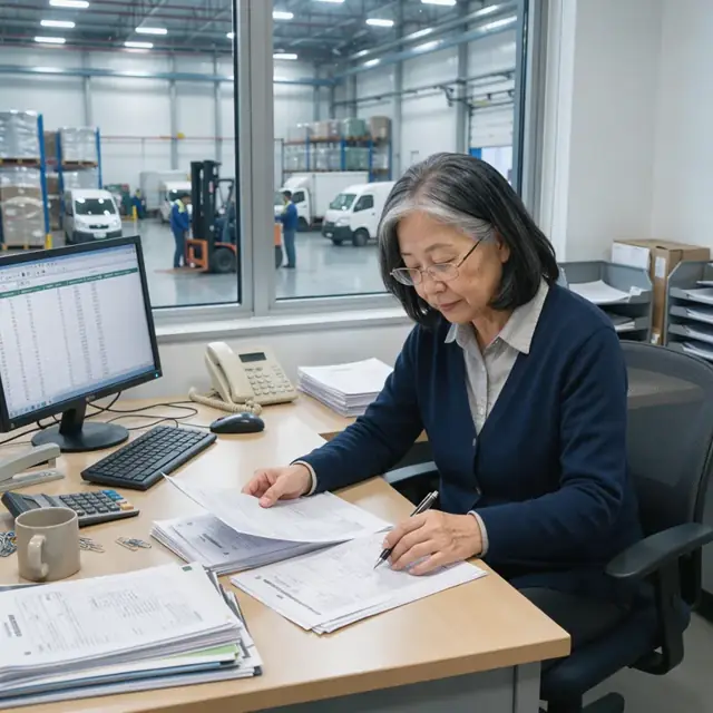 a worker at a desk reviewing printed invoices and delivery receipts next to a computer in an office overlooking a refrigerated warehouse