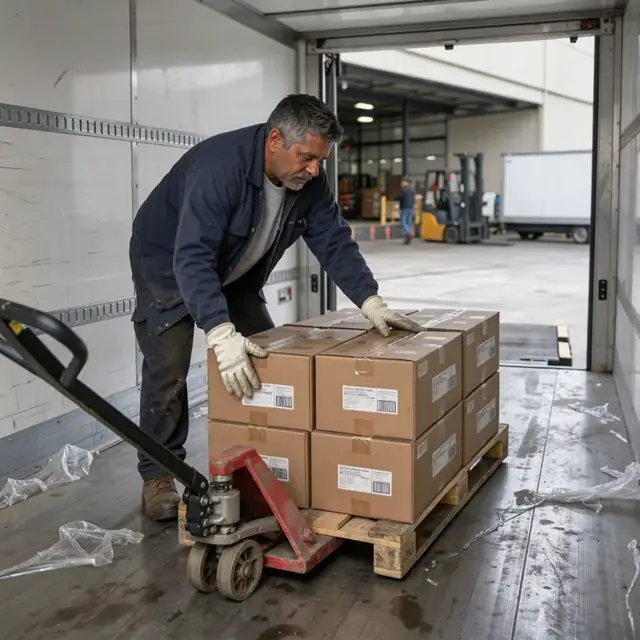 a worker arranging stacked boxes of poultry on a pallet jack inside a refrigerated trailer backed up to a warehouse dock
