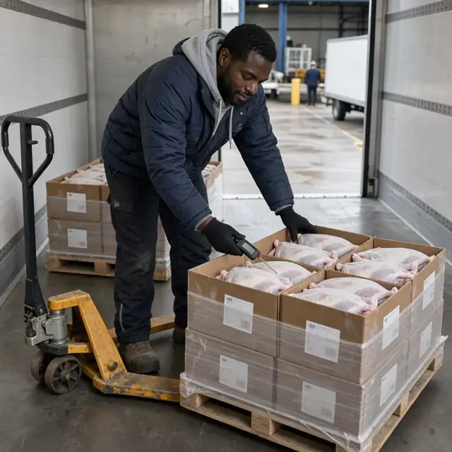 a worker in insulated clothing using a digital probe thermometer on a pallet of frozen poultry boxes inside an open trailer at a loading dock