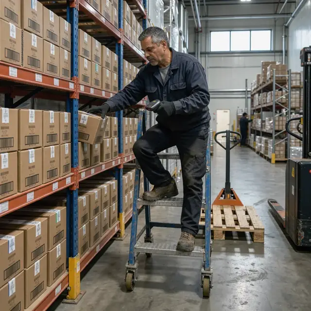 a worker scanning barcodes on cases of chocolate in a refrigerated warehouse aisle while pulling product from a rolling ladder
