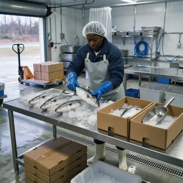 a worker in insulated gloves packing whole fish on ice into waxed cardboard boxes on a stainless steel table inside a cold room