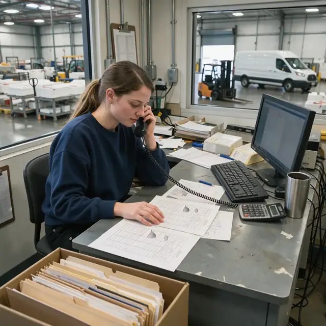 a worker at a desk in a warehouse office reviewing printed cut sheets and entering a phone order for fresh tuna loins