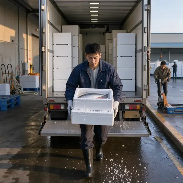 a worker loading stacked seafood boxes into the rear of a refrigerated truck parked at a loading dock early in the morning